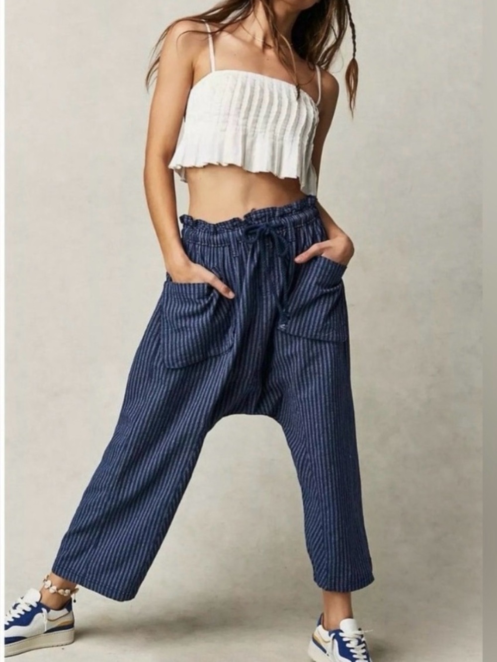 Free People Navy Striped Harem Drawstring Pants